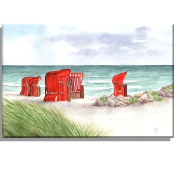 Fridge magnet Watercolor art maritime print art print beach chairs red by the sea Baltic Sea sea beach dunes